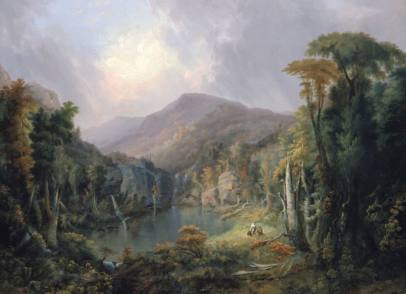 Cumberland Mountain Hunters de Samuel M. Lee, óleo sobre tela que retrata caçadores em uma paisagem montanhosa.