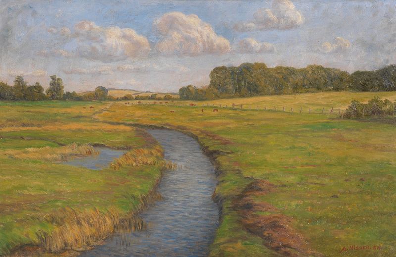 Landschaft auf Kekenis de Anton Nissen, óleo sobre tela que retrata colinas suaves sob um céu azul.