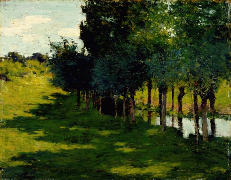 Sunlight and Shadow, oil on canvas by Willard Leroy Metcalf, depicting sunlight filtering through trees.