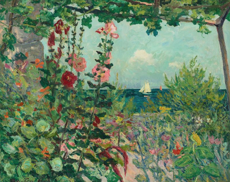 Fleurs au Bord Belle-île-en-Mer de Maxime Maufra, óleo sobre tela, flores vibrantes e mar