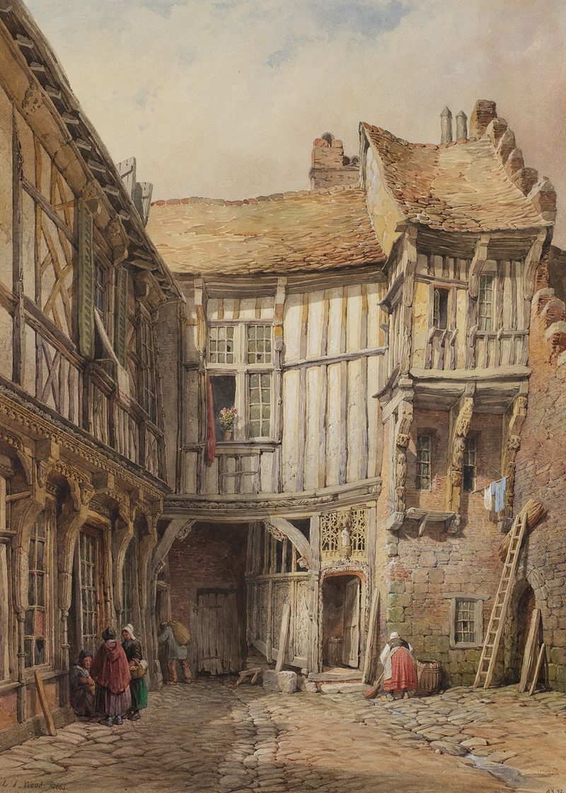 Escena de patio con adoquines y luz solar de Lewis John Wood, 1865