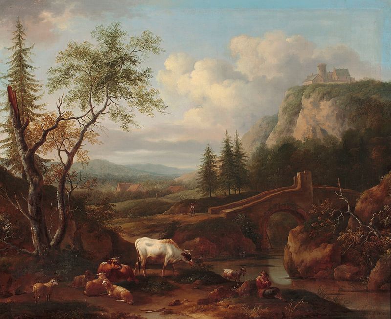 Mountain landscape with a bridge over a river, oil painting by Joseph Roos