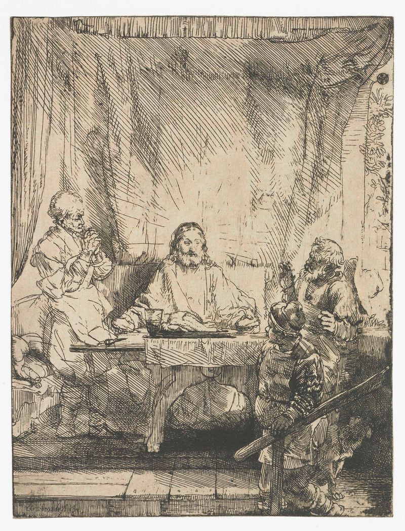 Grabado de Rembrandt van Rijn que representa a Cristo en Emmaús con discípulos compartiendo una comida.