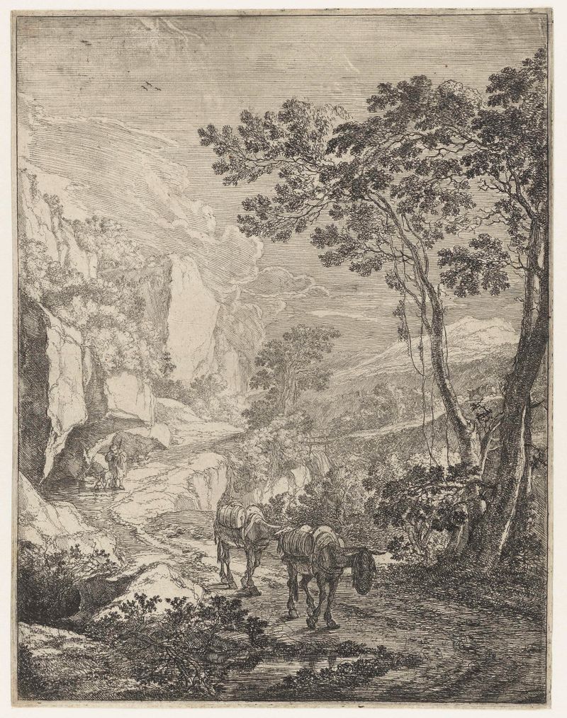 Grabado de Jan Both que muestra dos mulas cerca de Rocca Aquatico