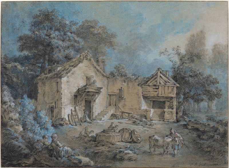 Farm Scene de Jean-Baptiste Huet, óleo sobre tela representando uma paisagem pastoral com figuras e colheitas.