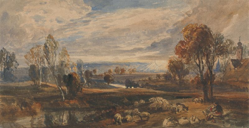 Landscape with Sheep, óleo sobre tela de William Callow, apresentando ovelhas em colinas verdes.
