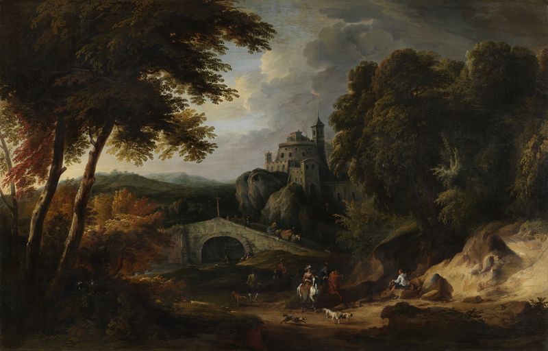 Landschap met brug de Pieter Verdussen, óleo sobre lienzo que muestra un tranquilo río y puente.