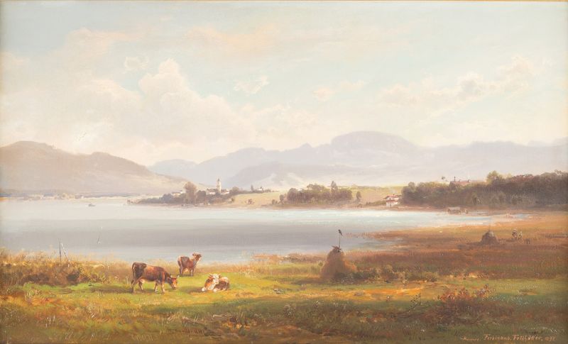 Alpine Upland de Ferdinand Feldhütter, óleo sobre tela retratando uma paisagem serena