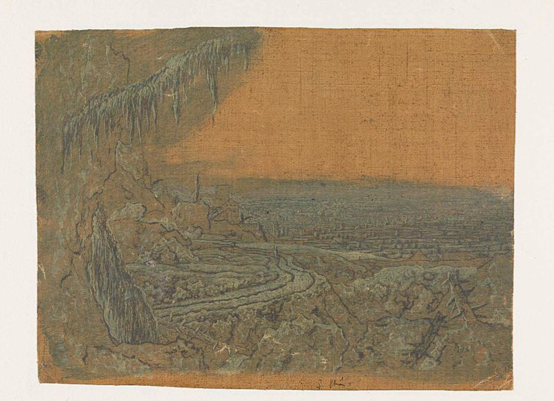 Gravura de Hercules Segers retratando uma paisagem com uma estrada e ramos musgosos