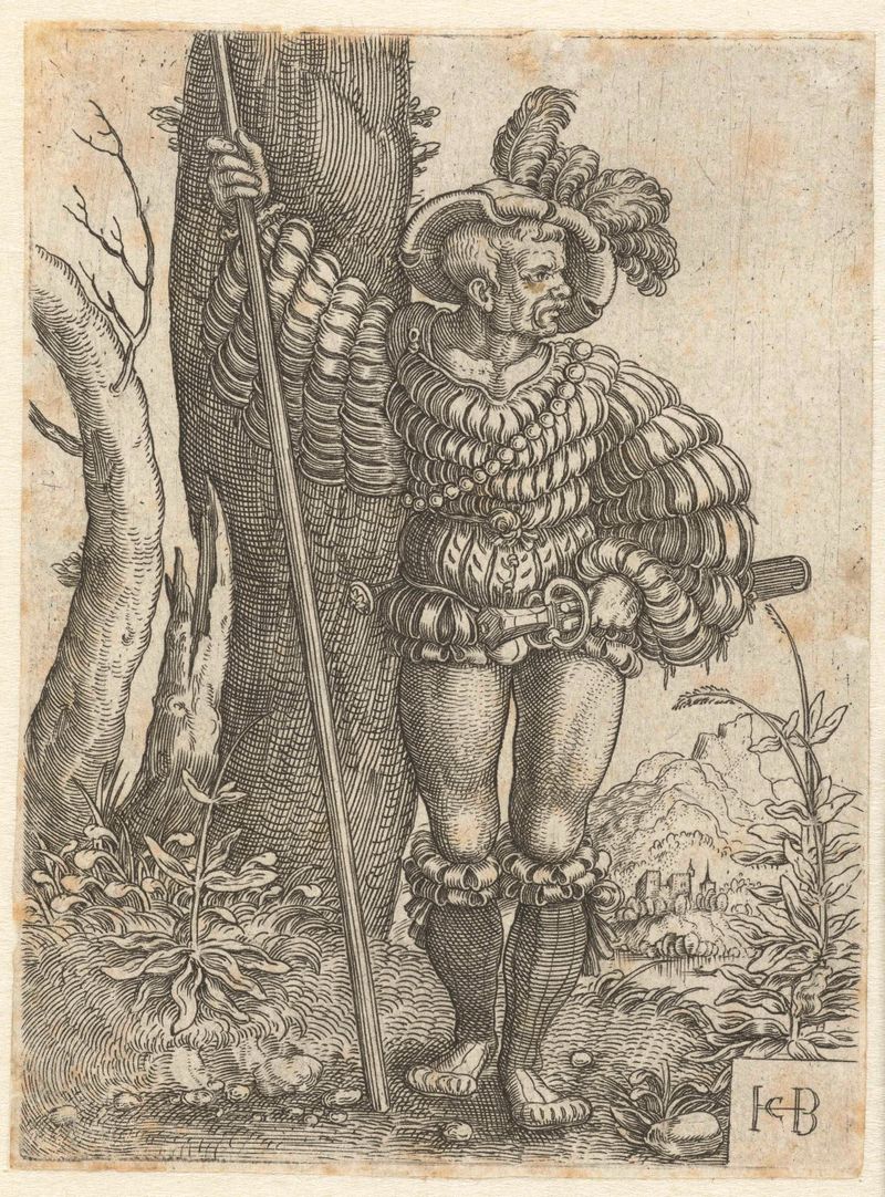 Grabado de Jacob Binck que muestra a un hellebaardier de pie junto a un árbol