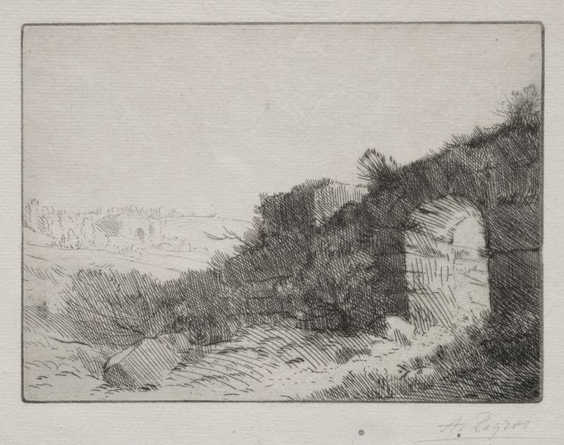 Ruinas Romanas de Alphonse Legros, representando un arco en ruinas iluminado por luz dorada, medio desconocido