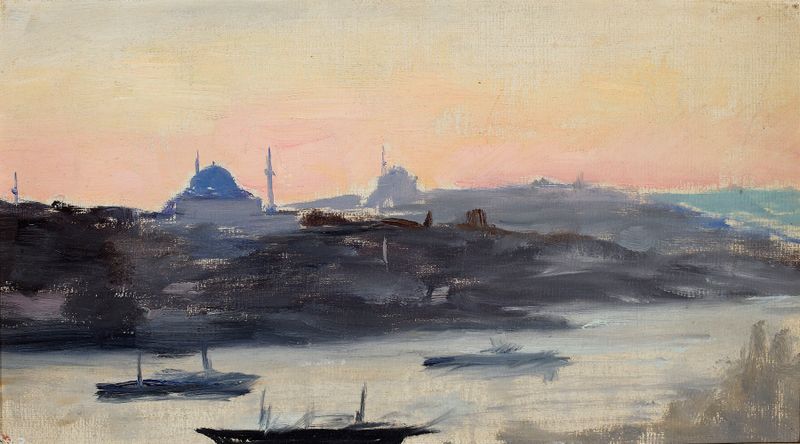 Paisagem do Romantismo de Jan Ciągliński retratando uma cidade ao entardecer