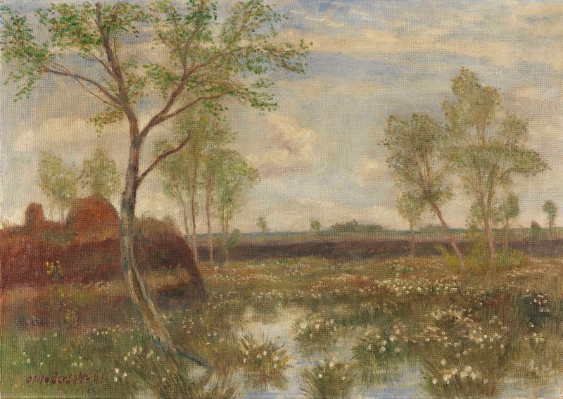 Landschaft bei Fischerhude, óleo sobre lienzo de Otto Modersohn que representa un pantano tranquilo en primavera.