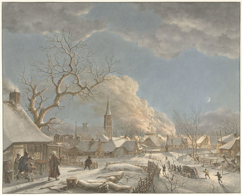 Winter, nacht en vuur de Jacob Cats, pintura al óleo que muestra una cálida chimenea en un oscuro paisaje invernal.