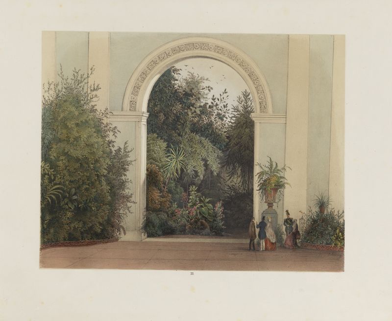 Interior scene of a garden with glass panels by Franz Antoine, oil painting, 1852