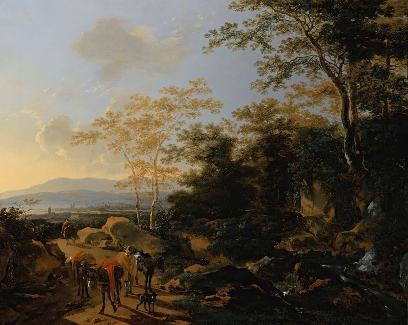 An Italianate landscape with travelers and mules by a waterfall, oil painting by Willem de Heusch.