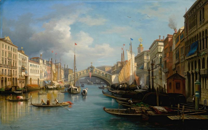View of the Grand Canal and Rialto Bridge, oil on canvas by Carlo Grubacs