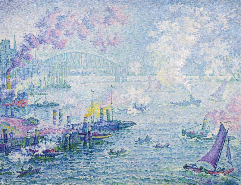 El Puerto de Róterdam de Paul Signac, óleo sobre lienzo, representa una animada escena marina con barcos y agua.