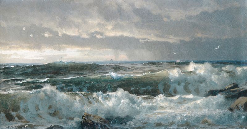 Escena marina con olas rompiendo en rocas, pintura al óleo de William Trost Richards