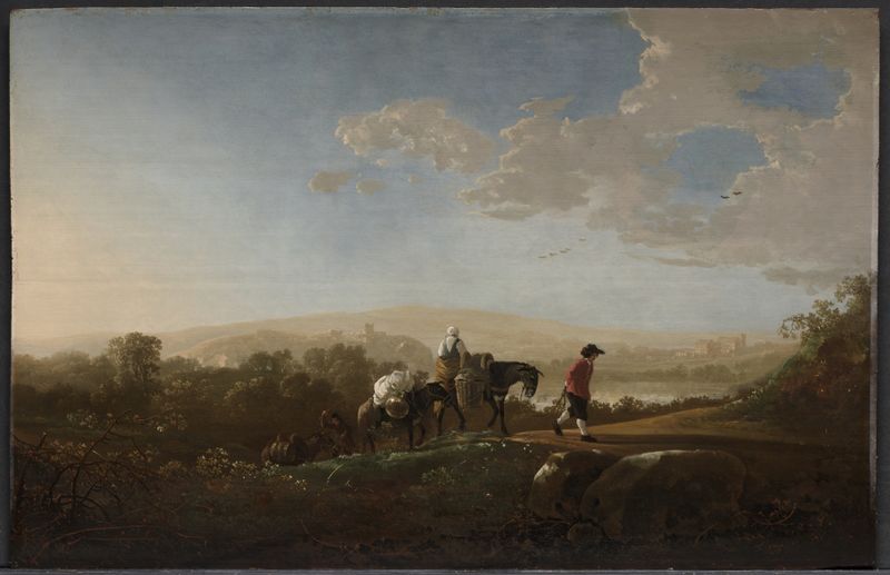 Travelers in Hilly Countryside, oil painting by Aelbert Cuyp, depicting travelers in a lush landscape.