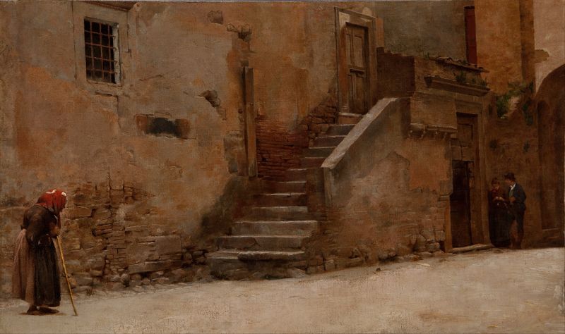 Calle en Italia de Belmiro de Almeida, realismo, que representa una escena callejera melancólica con adoquines.