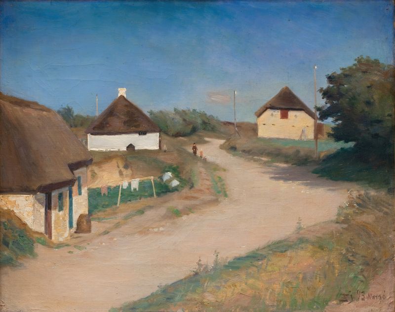 Houses Alongside a Road in Morsø, Jutland by Fridolin Johansen, oil on canvas, depicting colorful houses and a road.