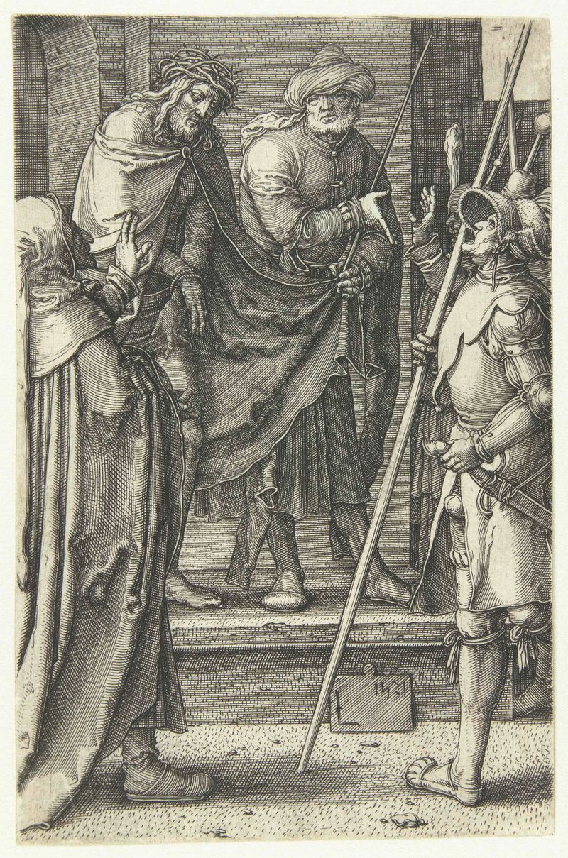 Gravura Ecce Homo de Lucas van Leyden mostrando Cristo com uma multidão, enfatizando vulnerabilidade e dignidade.