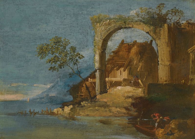 A Capriccio Fluvial Landscape with figures in a boat, oil on canvas by Giuseppe Bernardino Bison