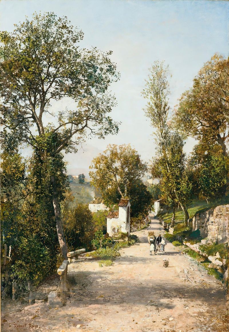 Landscape in South Tyrol by Robert Russ, oil painting depicting lush hills and sky.