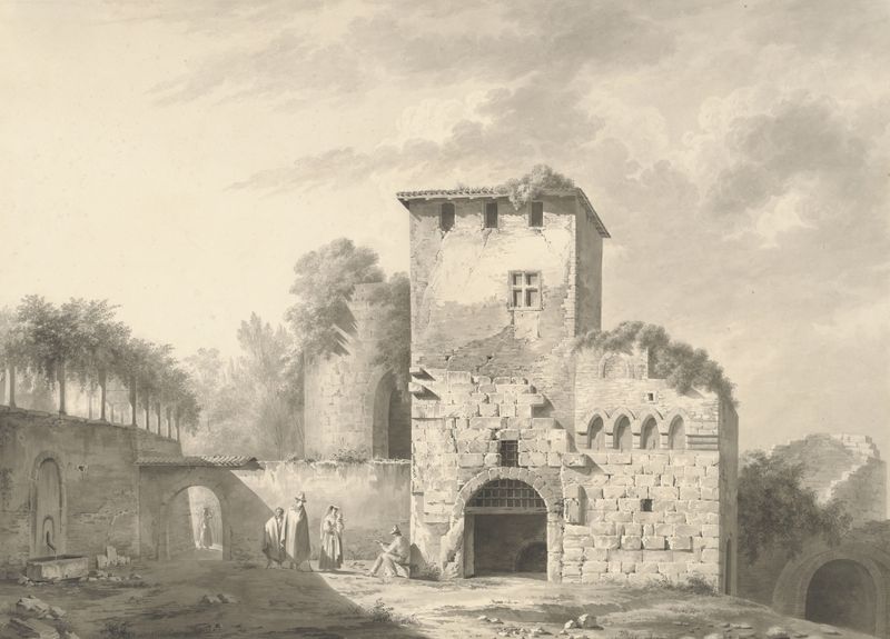 Landscape with People amid Ruins, gravura de Jean-Jacques de Boissieu, com figuras e luz suave.