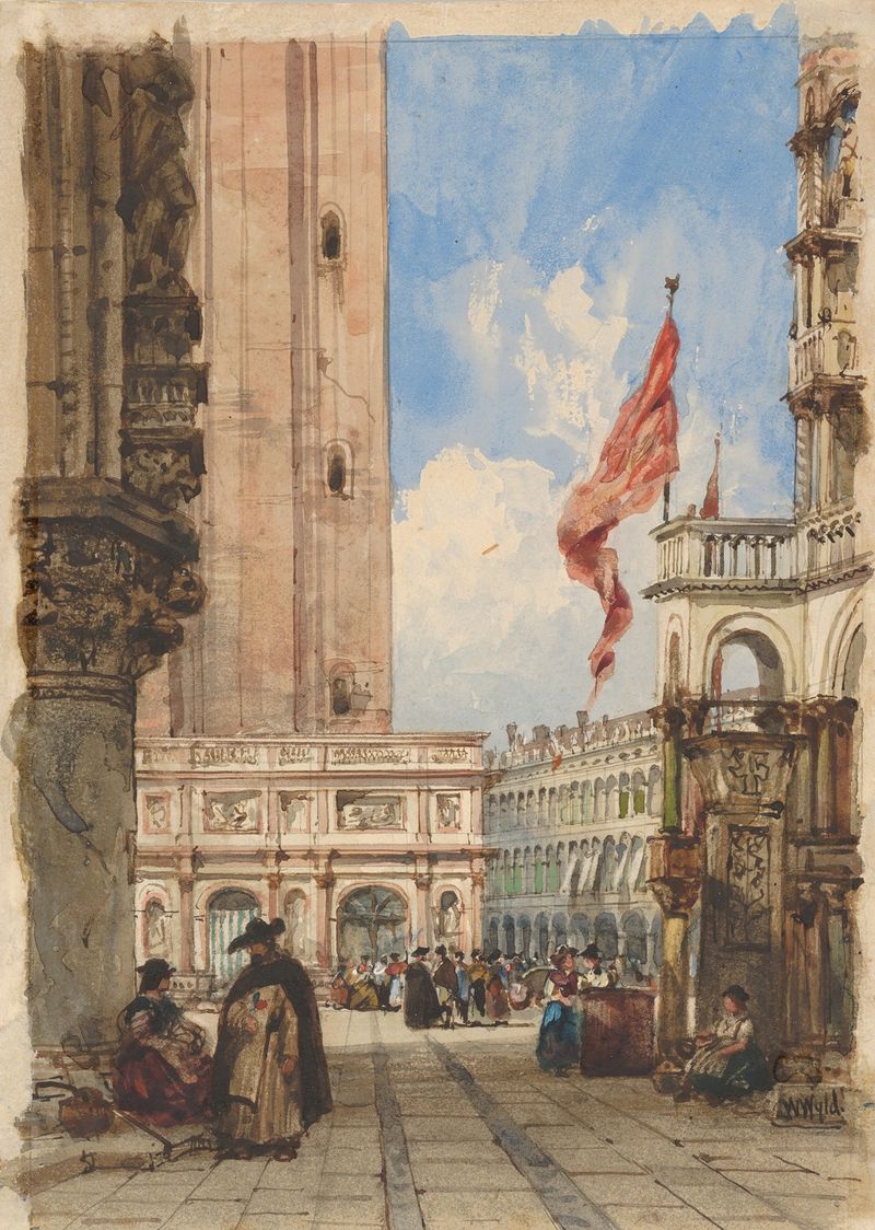 St. Mark’s Square, Veneza, com Loggetta de William Wyld, pintura a óleo que retrata o pôr do sol e reflexos.