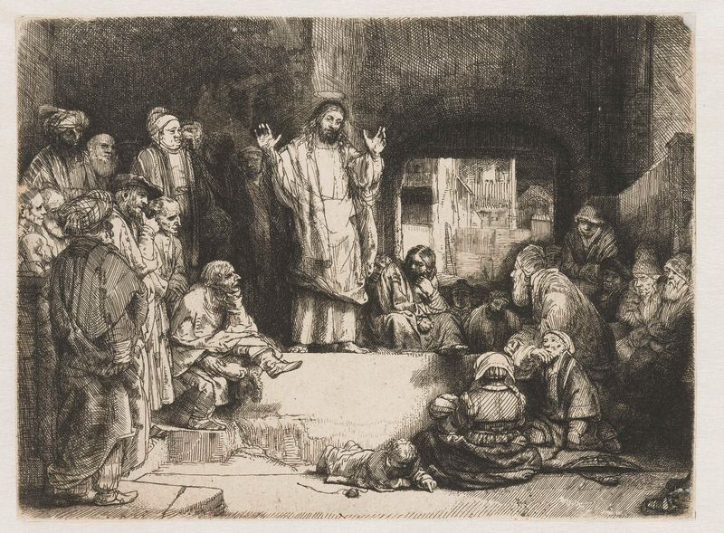 Grabado de Rembrandt van Rijn que muestra a Cristo predicando con luz iluminando la figura y la multitud.