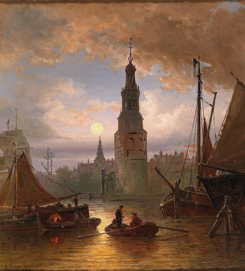 Oil on canvas by Elias Pieter van Bommel depicting a moonlit Amsterdam canal.
