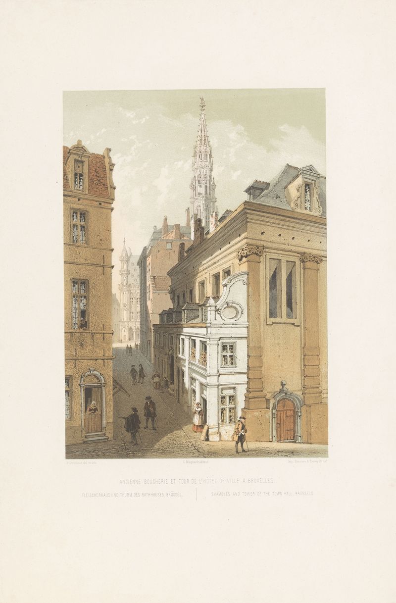 Architecture scene featuring sunlight on cobblestones by François Stroobant