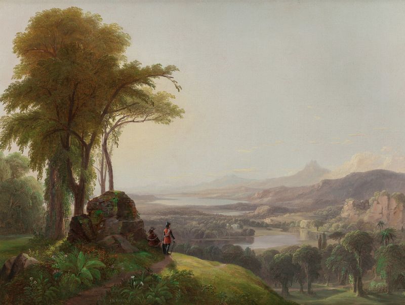 Landscape by James McDougal Hart, oil painting featuring light filtering through trees and vibrant flora.