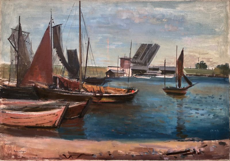 Óleo sobre tela de Otto Geigenberger mostrando um porto com barcos de pesca e uma ponte.