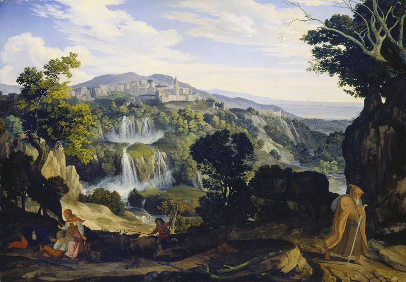 The Waterfalls of Tivoli by Carl Philipp Fohr, oil painting depicting cascading waterfalls and lush greenery.