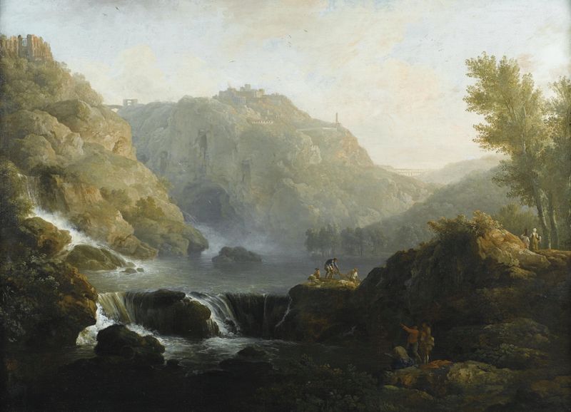 Paisaje con figuras cerca de una cascada, pintura al óleo de Claude-Joseph Vernet