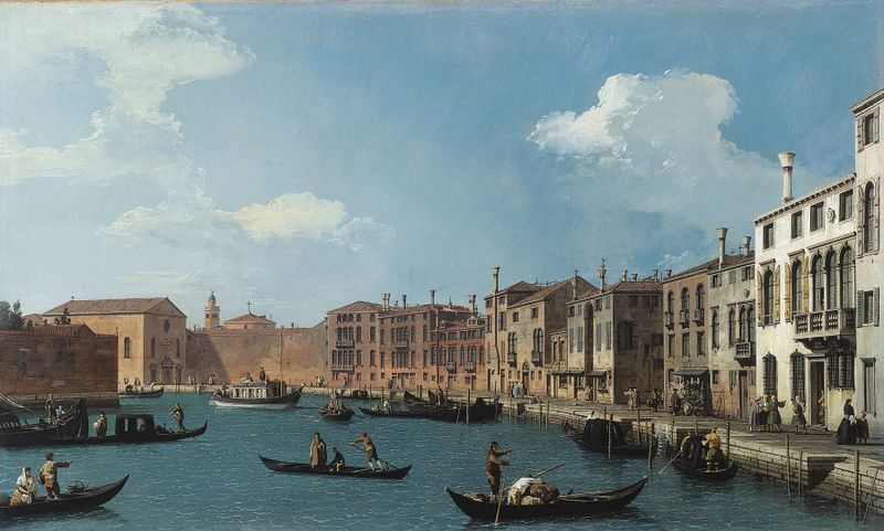 Vue du canal de Santa Chiara, à Venise de Canaletto, pintura a óleo de um canal com edifícios e água.
