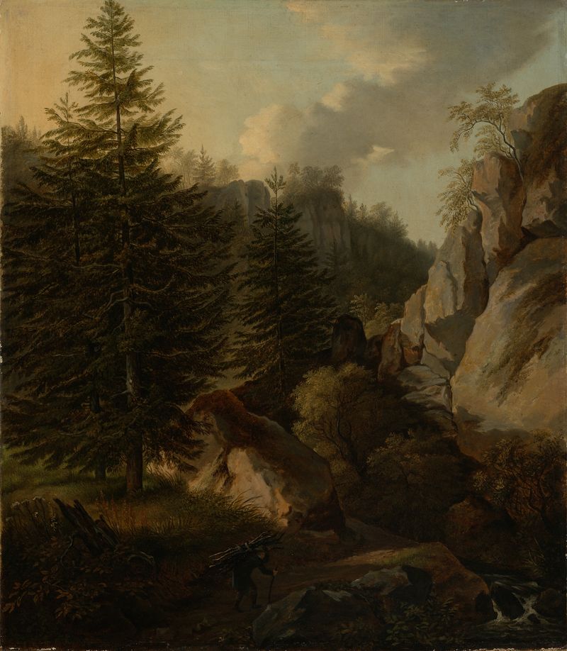 Pintura de paisagem de Karl Gottfried Traugott Faber com montanhas e um vale nebuloso.