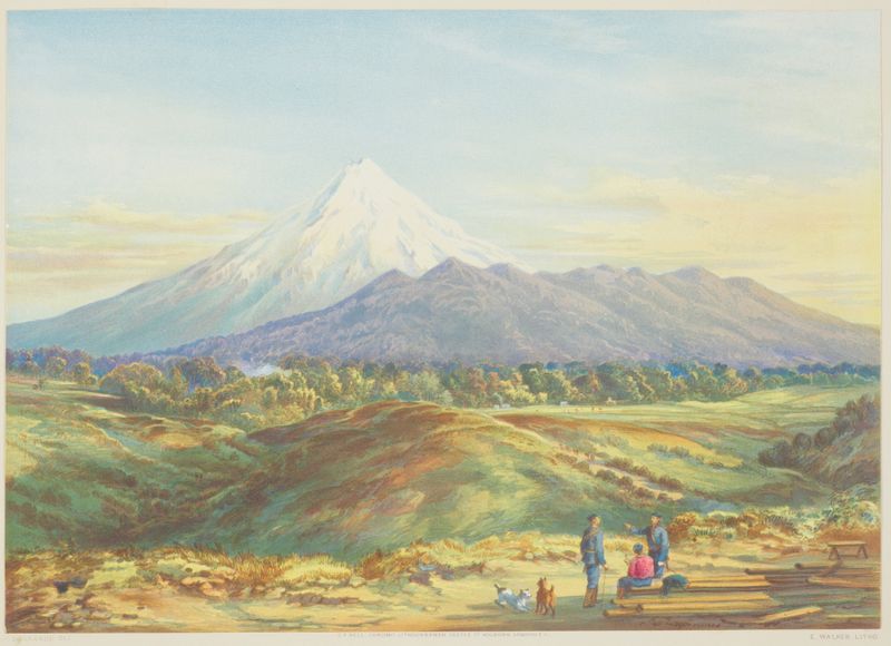Landscape of Mt Egmont by Charles Decimus Barraud, depicting snow-capped peaks and clouds, 1877