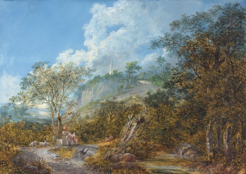 Arcadian Landscape with an Obelisk by Salomon Gessner, oil painting depicting hills and trees.
