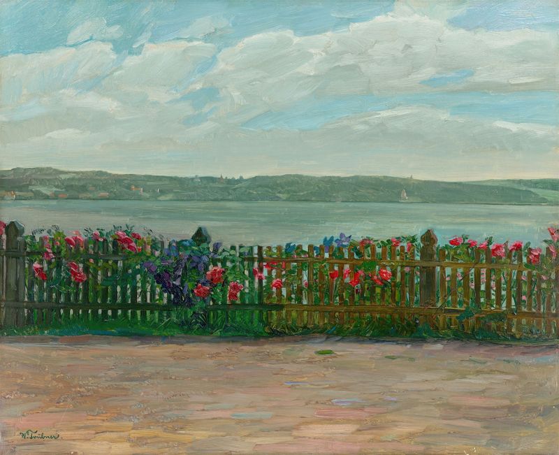 Rose fence with flowers and Berg Castle at Lake Starnberg, oil on canvas by Wilhelm Trübner