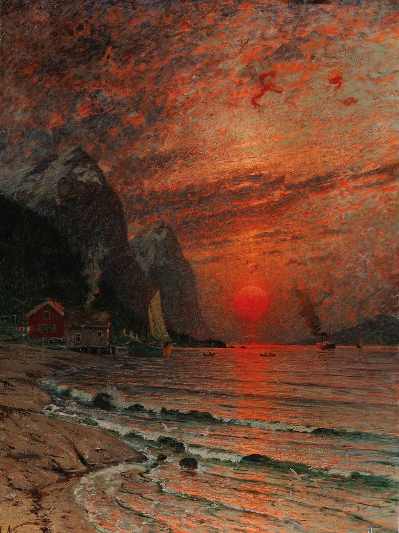Sunset Over The Fjord de Adelsteen Normann, óleo que representa un vibrante paisaje al atardecer.