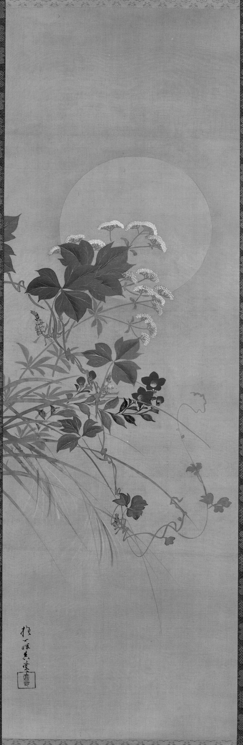 Moon and Autumn Flowers by Sakai Hōitsu, ink and color on silk depicting flowers and a luminous moon.