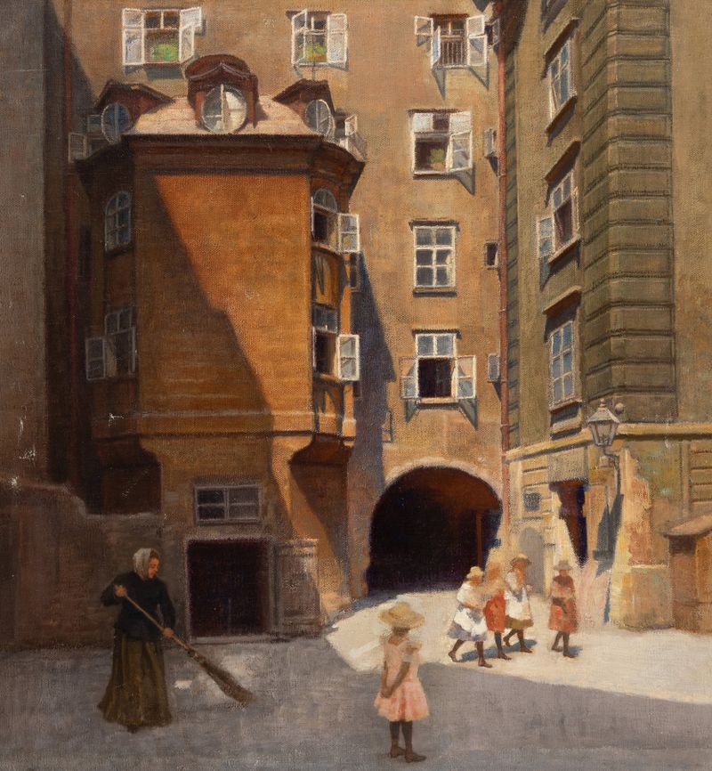 Trinity Court, Viena de Franz Wiesenthal, óleo que representa arcos elegantes y sombras profundas.