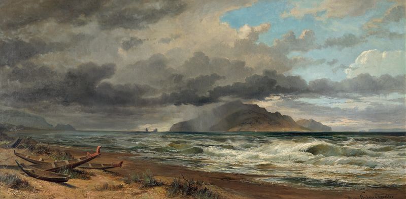 Cook Strait, Nova Zelândia de Nicholas Chevalier, óleo sobre tela que retrata uma serena paisagem marinha.