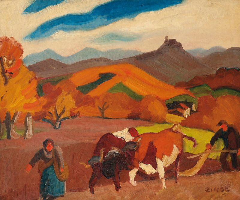 Scène de labour de Jules Émile Zingg, impressionismo, figuras trabalhando em campos dourados