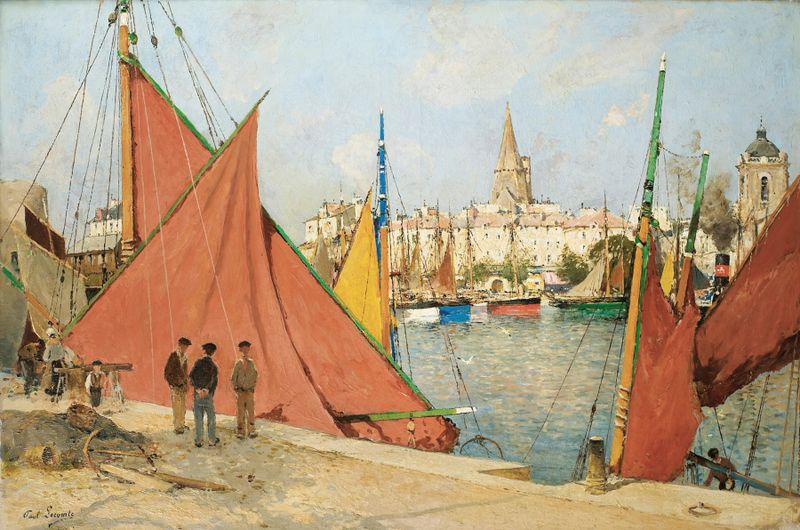 Marine scene with ships in harbor by Paul Lecomte, oil painting