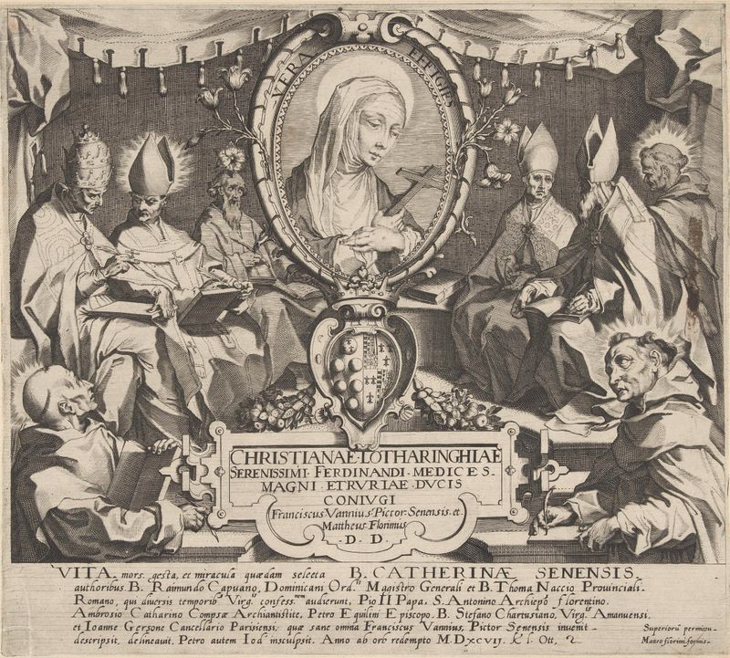 Etching by Pieter de Jode depicting Saint Catherine with intricate details and light.